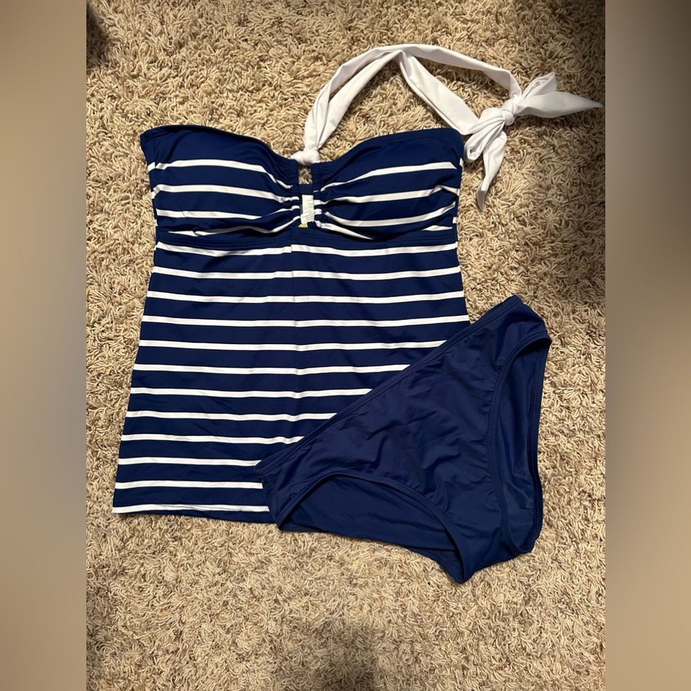 Lauren Ralph Lauren- Blue and White Striped Tankini Set - Size 8